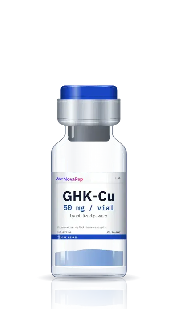 GHK-Cu 50 mg copper peptide vial with blue powder and NovaPep label