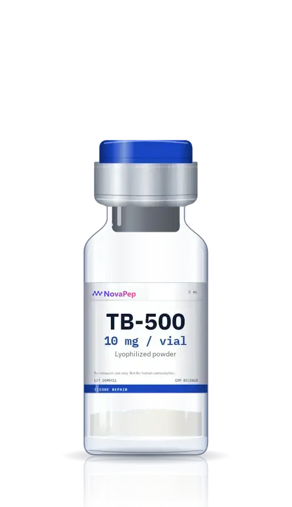 TB-500 10 mg lyophilised research peptide vial with blue cap and NovaPep label